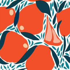 Modern abstract seamless pattern featuring stylized oranges with blue leaves and fine leafy textures. Bold, artistic fruit design ideal for fabric prints, wallpaper, and contemporary decor.
