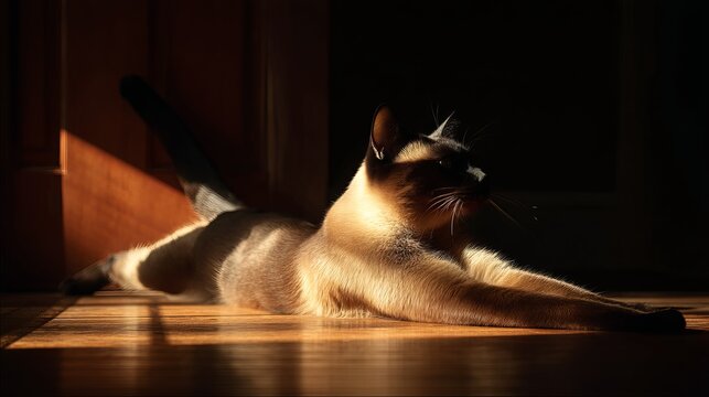 Siamese cat lounging in warm afternoon light, stretching gracefully on the floor.