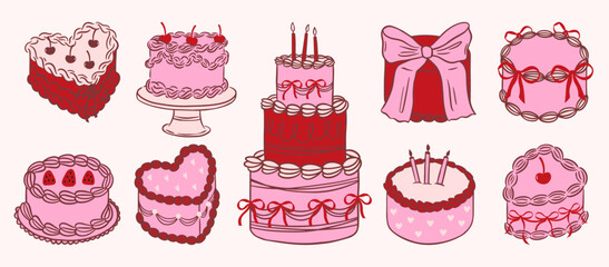 A whimsical collection of hand-drawn wedding cakes in line art style. These elegant sketches are perfect for logos, invitations, greeting cards, and more. A charming mix of vintage flair and modern
