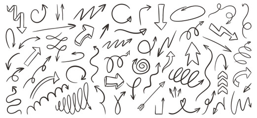 Doodle arrows in pencil, pen, and marker style. Vector icon set with scribbles, brush strokes, curves, and motion lines. Great for school, navigation, or decorative designs.