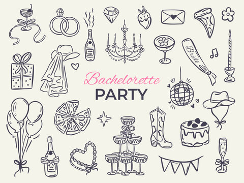Whimsical hand-drawn bachelorette party icons. Doodle set with cowgirl boots, cocktails, sunglasses, and wedding elements. Retro, feminine, and playful design for bridal invites.