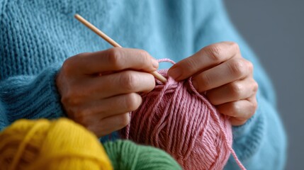 Person knitting colorful wool yarn