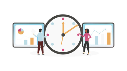 People standing by screens showing charts with a clock in the middle of the image view now