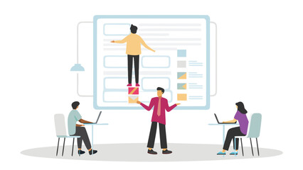 Fototapeta premium Illustration of three people working with a large digital display and using laptops at desks