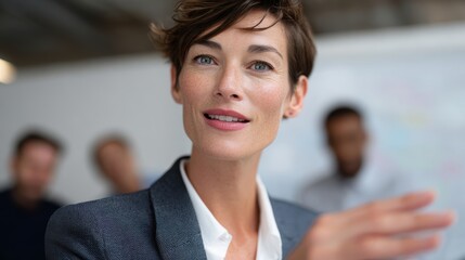 Businesswoman confidently presenting key points during team strategy meeting