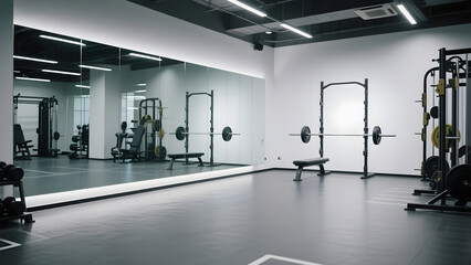 Modern gym interior with weightlifting equipment and mirrored walls