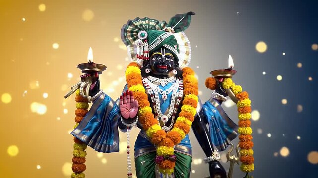 Divine animation of Lord Vishnu idol adorned with glowing diyas and marigold garlands, golden light particles rising softly