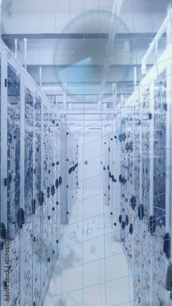 Poster digital animation depicts data flow on a world map in a server room.