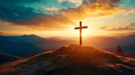 Golden sunrise illuminates majestic cross on mountain peak symbolizing hope and spiritual reflection during serene Good Friday dawn