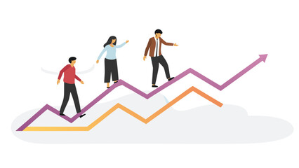 People walking on an upward trending graph with an arrow showing growth and success in business concept