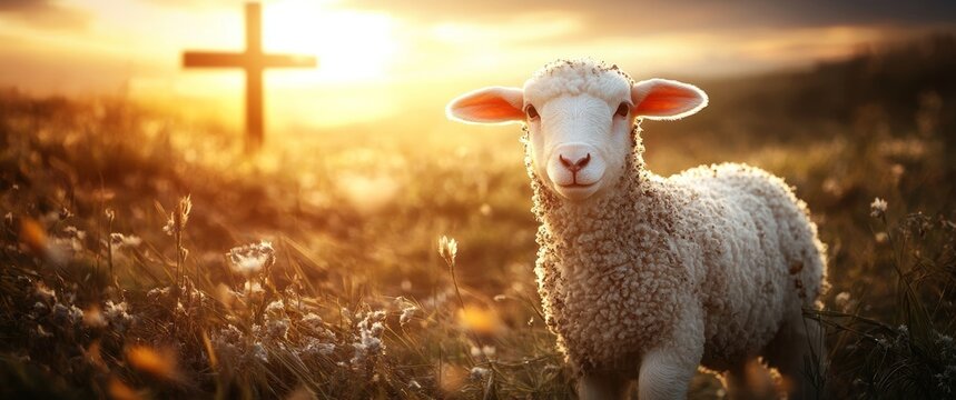 Sunrise landscape depicting the sacred resurrection scene with symbolic cross and divine lamb