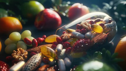 Close-up view of various fruits, nuts, vitamins, and capsules. Vibrant colors suggest nutritional value.