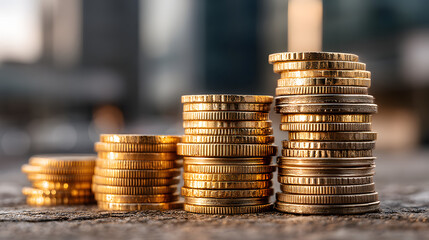 Tax finance budget, Financial accounting concepts. Stacked gold coin finance government building sunlight outdoor wealth economy . Payment, Debt, Penalty, Credit, Bill, Businessman, Office, Money