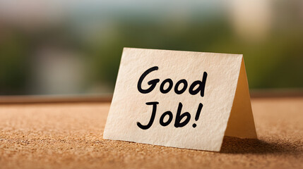 Good Job exclamation on a sticky note taped to a wall