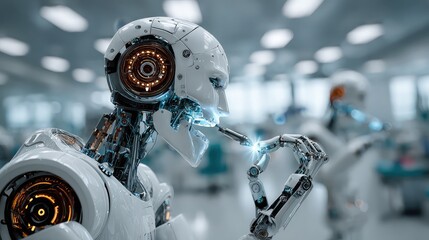 Fototapeta premium Robotic dental assistant performs precise teeth cleaning under dentist supervision in modern clinical room, showing automation in oral healthcare and advanced medical robotics