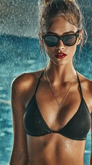 Beautiful female body with black and sunglasses with pool or beach background. Perfect glowing skin for summer