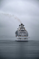 Modern Princess cruiseship cruise ship liner Coral arrival into Vancouver, Canada port on grey...