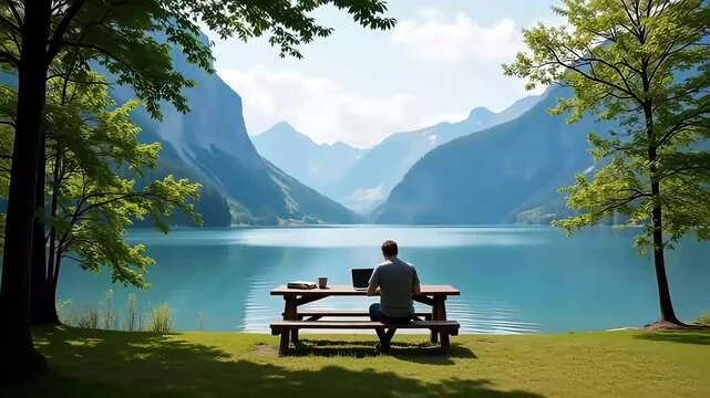 Remote work by lake: scenic mountain views for digital nomads and outdoor office productivity boost