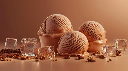 Delicious chocolate ice cream scoops with ice cubes on a brown background artistic culinary delight