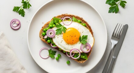 Fried Egg and Pea Toast with Red Onion and Parsley – Healthy Gourmet Breakfast Top View

