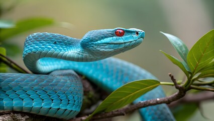 Obraz premium Stunning Viper Close-up with Bright Red Eyes on Branch 