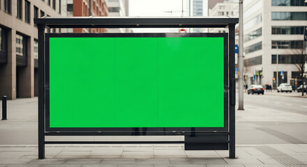Urban bus shelter with a large blank green screen for advertising, a mockup on a city street.