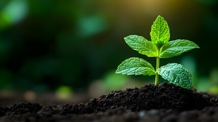Fresh mint plant growing in rich soil against a blurred natural green background