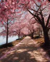 Naklejka premium Serene pathway lined with cherry blossom trees in full bloom