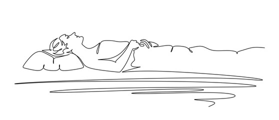 Continuous one line drawing of woman sleeping on memory foam. Vector illustration sleeper sleeper in profile