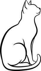 Sitting cat silhouette vector illustration, curled tail artwork, side profile sketch, elegant feline pose, black white pet icon, cad style, minimal animal drawing, peaceful cat contour
