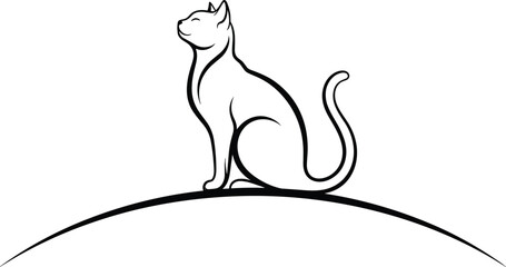 Sitting cat silhouette vector illustration, minimal feline sketch, curled tail design, black pet artwork, curved surface pose, cad style, elegant kitty icon, side profile drawing, peaceful pet gesture