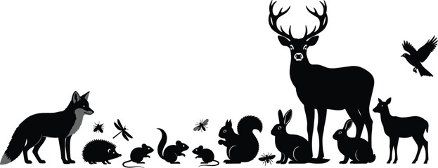 Forest animal silhouette vector illustration, woodland creature set, fox deer rabbit icons, insect figures, cad style art, black white drawing, minimal wildlife sketch