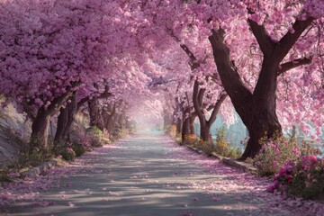 Fototapeta premium Serene pathway lined with cherry blossom trees in full bloom
