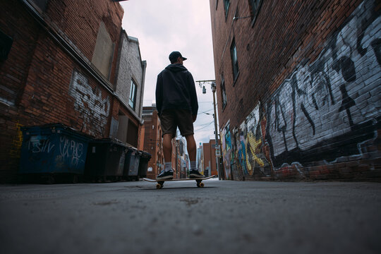A person is skateboarding in an urban alley