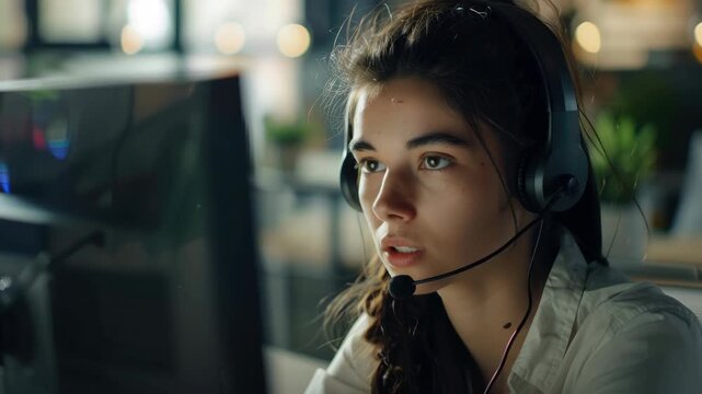 Woman wearing headset and looking upward with mouth slightly open, perhaps in concentration or during conversation.