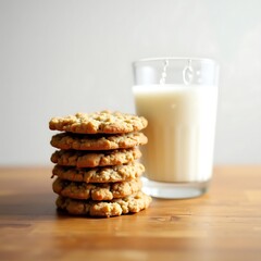 Stack of oatmeal raisin cookies next to a glass of milk