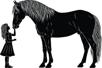 Girl with horse silhouette vector illustration, touching moment artwork, human animal bond, equestrian friendship pose, black white drawing, cad style, pet interaction design