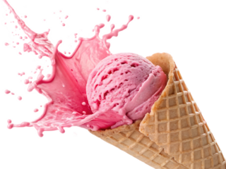A pink ice cream scoop in a waffle cone with a pink splash on a black background in close up view