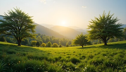 Obraz premium sunrise over the field, A vibrant sunrise or sunset paints the sky over a lush green field, with distant mountains and a solitary tree adding to the beautiful countryside landscape