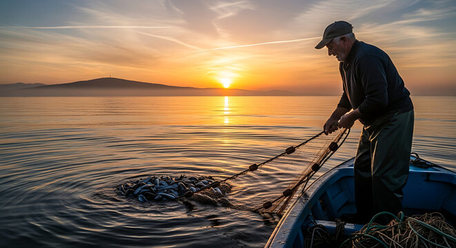 The timeless tradition of fishing A fisherman in his boat hauls a net full of fish at a serene sunset. - Powered by Adobe