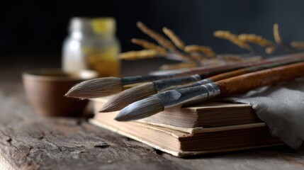 A collection of vintage art supplies (paint brushes, old books, sketches) on a wooden table. Nostalgic, artistic inspiration.