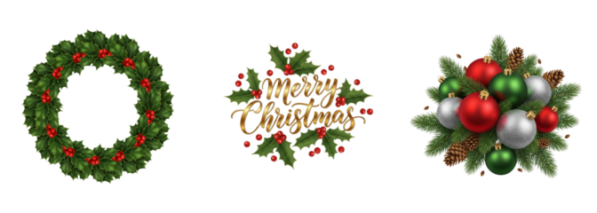 A set of realistic Christmas decorations, including a pine wreath, "Merry Christmas" gold calligraphy, and a festive ornament arrangement