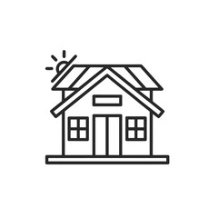 A minimalist line art icon of a house with a sun symbol above the roof, presented isolated on a clean white background.