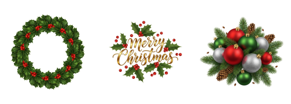 A set of realistic Christmas decorations, including a pine wreath, "Merry Christmas" gold calligraphy, and a festive ornament arrangement