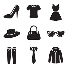 Fototapeta premium Collection of fashion icons including shoes, clothing, accessories, and outerwear on a neutral background