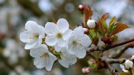 Obraz premium Close up view of pink cherry blossom flowers in natural springtime setting