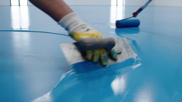 Worker smooths a glossy blue epoxy coating onto the floor using a trowel in a curved motion