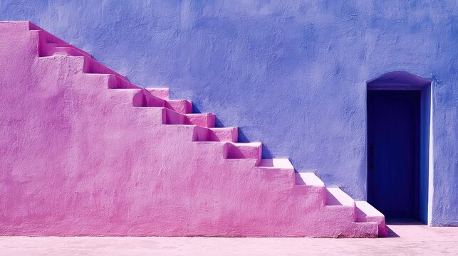 Vibrant pink and blue steps leading to a door.