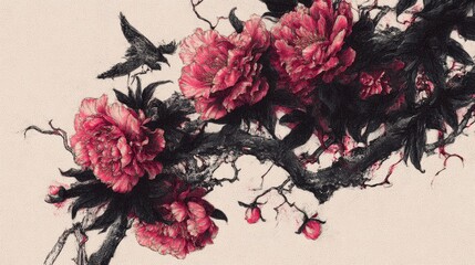 Elegant floral composition blending Christian faith symbolism with Eastern ink Clean Lines and traditional elements