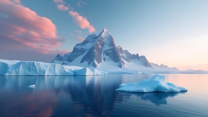 Majestic snow capped mountain peak reflected in calm antarctic waters at sunset